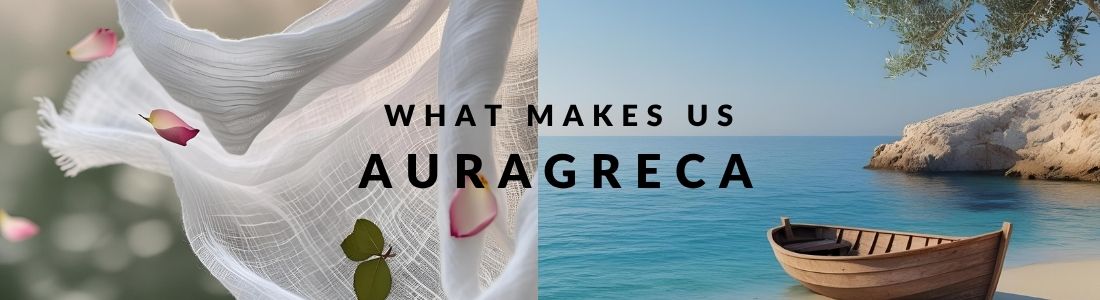 Split image of flowing fabric with rose petals on one side and a serene Greek seaside with a wooden boat and olive branch on the other, featuring the text
