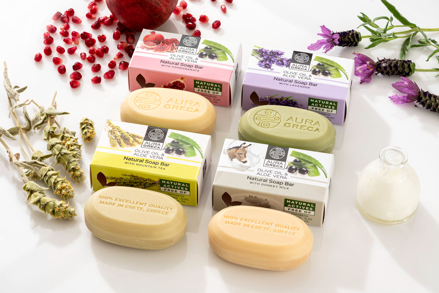 Aura Greca Natural Soaps with Olive OIl, Aloe Vera, Pomegranate, Lavender, Mountain Tea, Donkey Milk