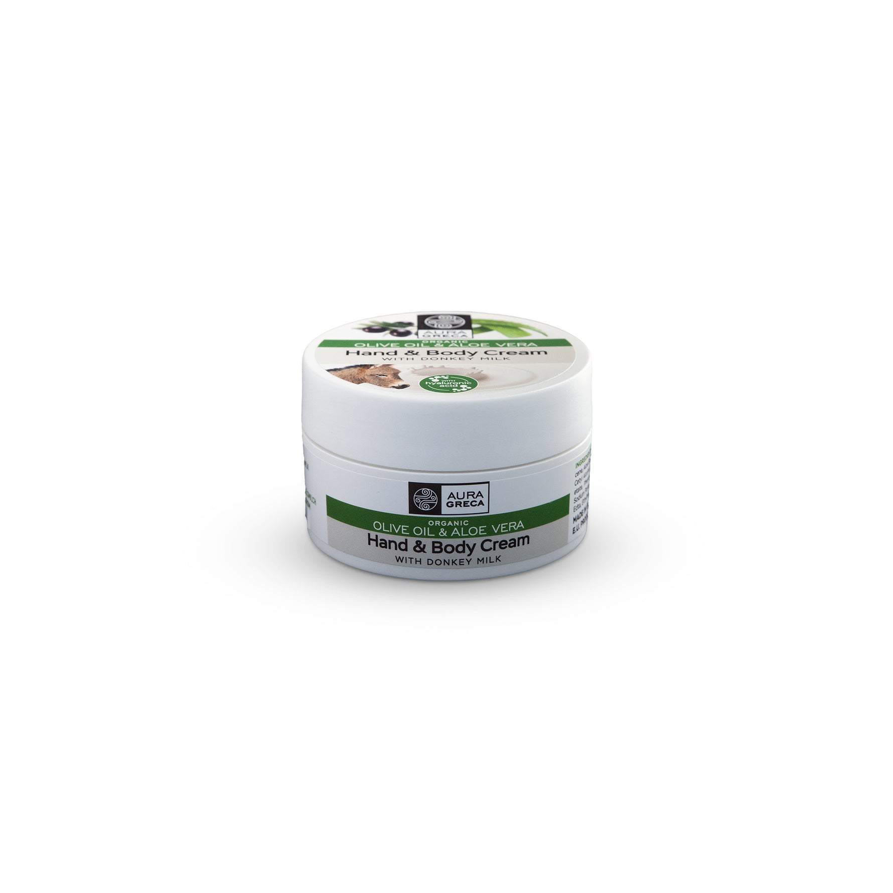 Aura Greca hand & body cream with donkey milk, infused with organic olive oil and aloe vera for ultra-soft, nourished skin.