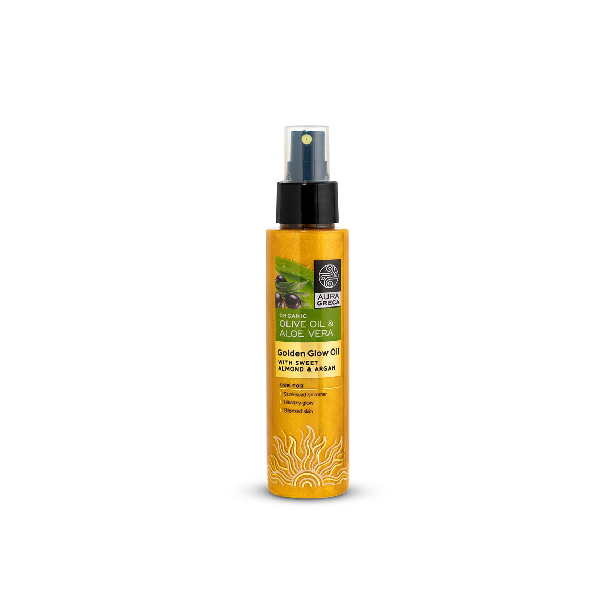Aura Greca Golden Glow Oil with sweet almond and argan for a sun-kissed shimmer and healthy glow.