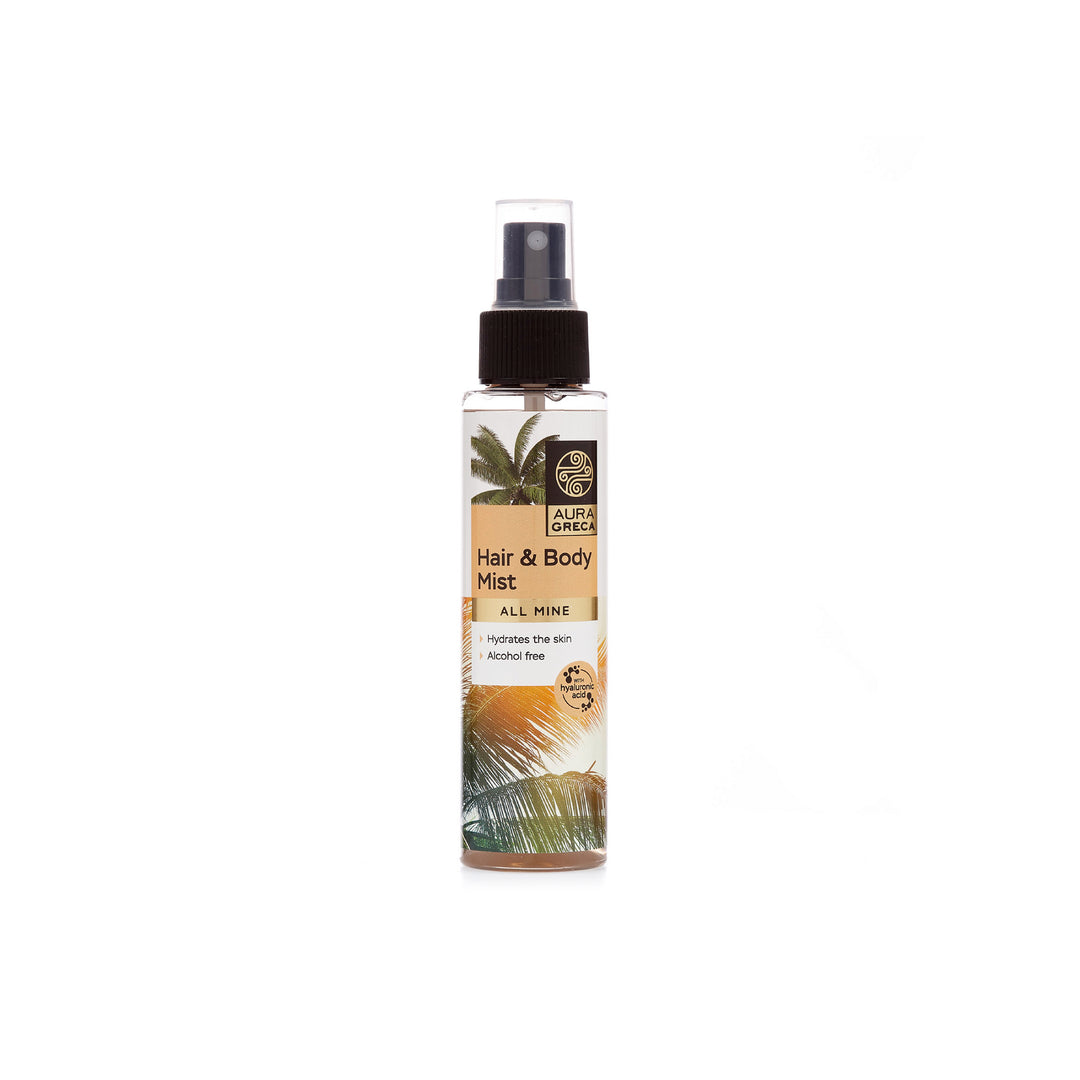 Aura Greca Hair & Body Mist All Mine – Alcohol-free body mist infused with hyaluronic acid and aloe vera for long-lasting hydration.