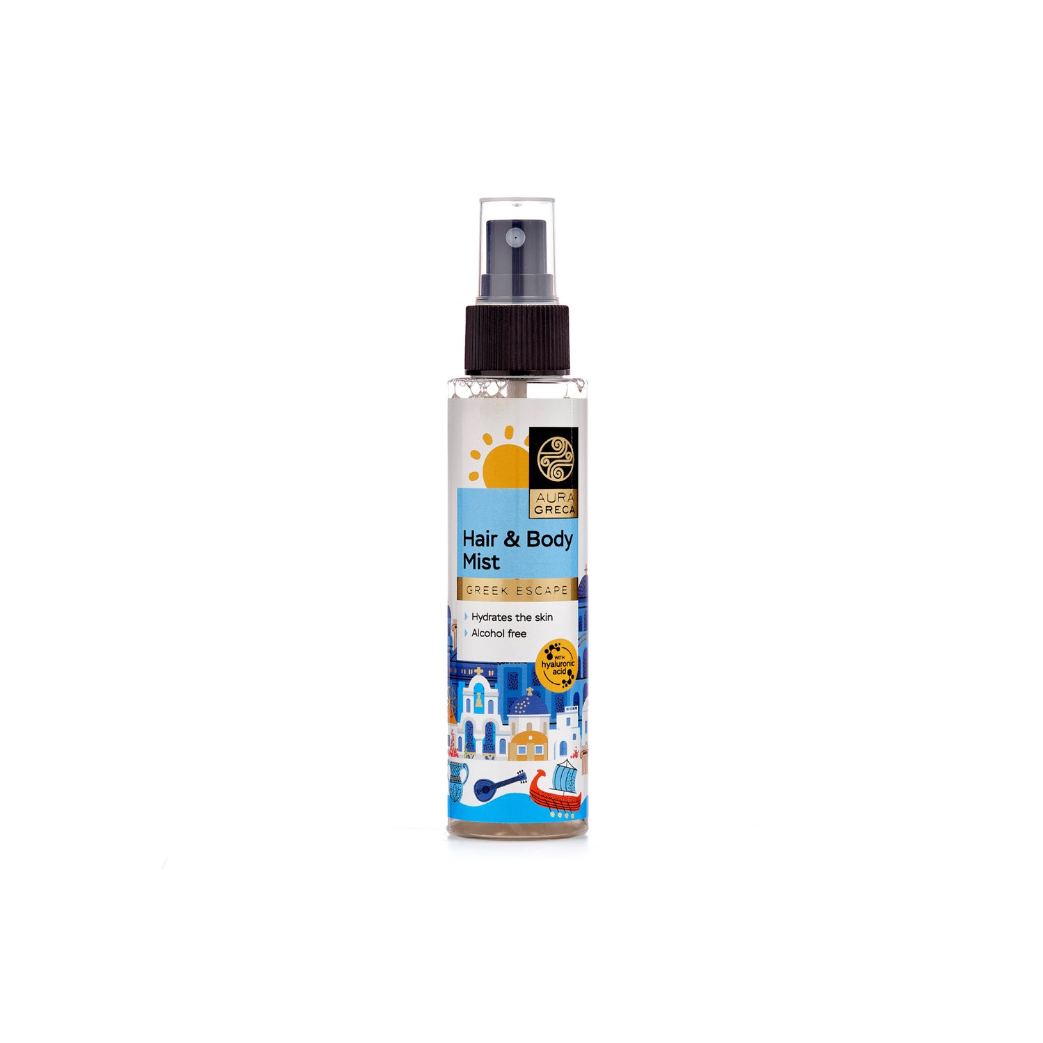 Aura Greca Hair & Body Mist Greek Escape – Lightweight, alcohol-free mist with hyaluronic acid and aloe vera for fresh and hydrated skin.