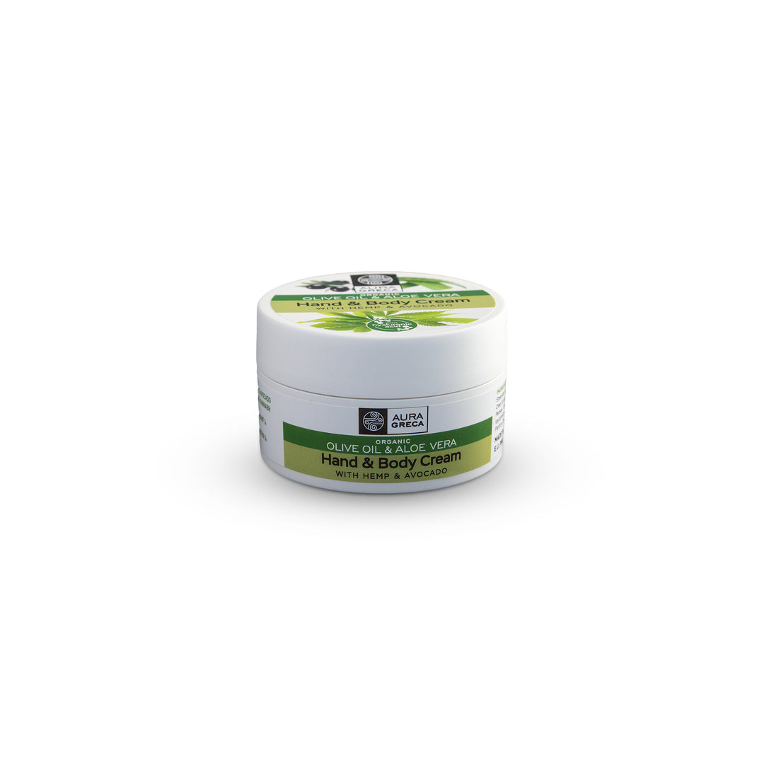 Aura Greca Hand & Body Cream with Hemp & Avocado for intensive nourishment and skin protection.