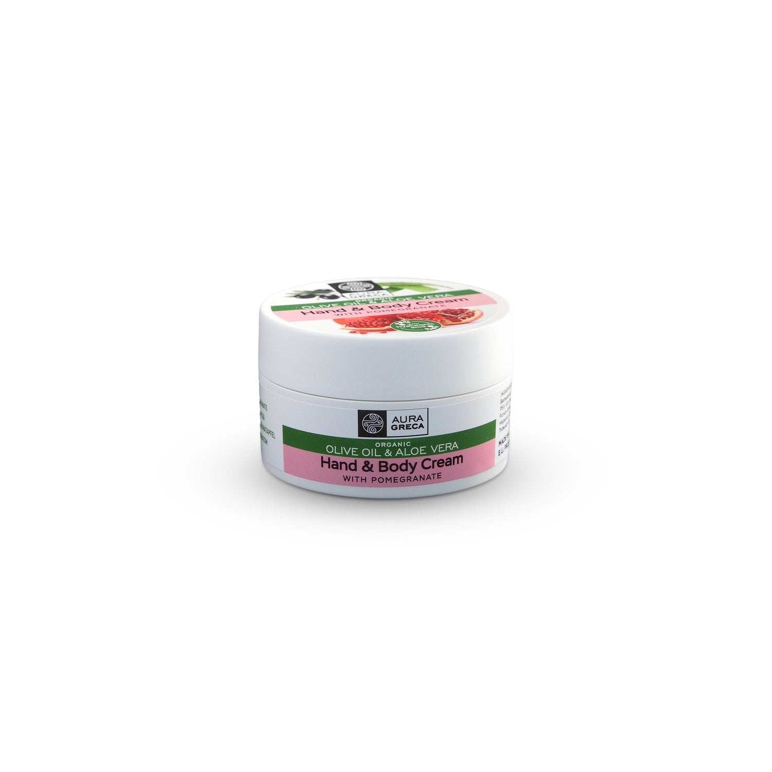 Aura Greca hand & body cream with pomegranate, enriched with organic olive oil and aloe vera for deep hydration and nourishment.