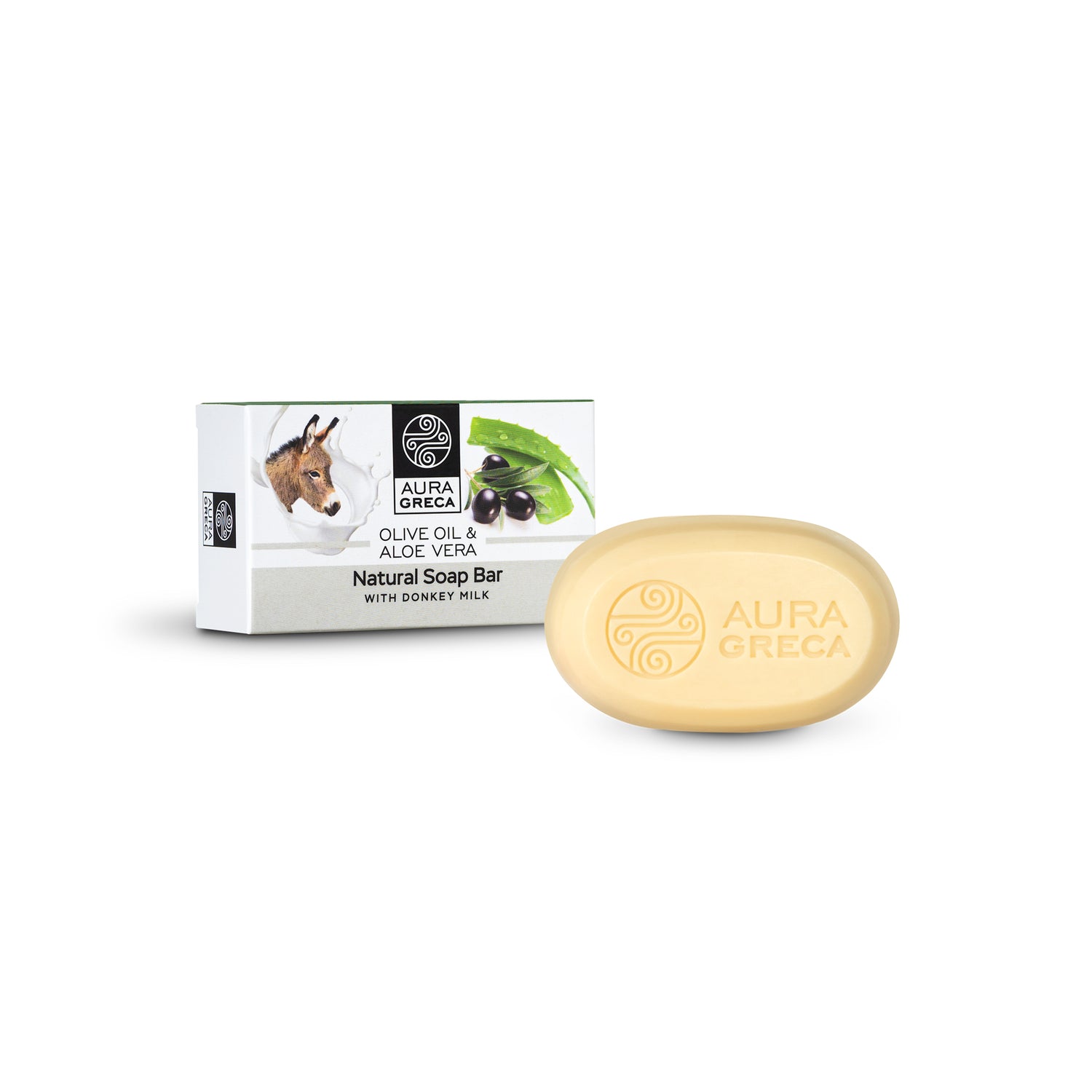 Aura Greca Natural Soap Bar with Donkey Milk, offering a gentle and nourishing cleanse enriched with olive oil and aloe vera.