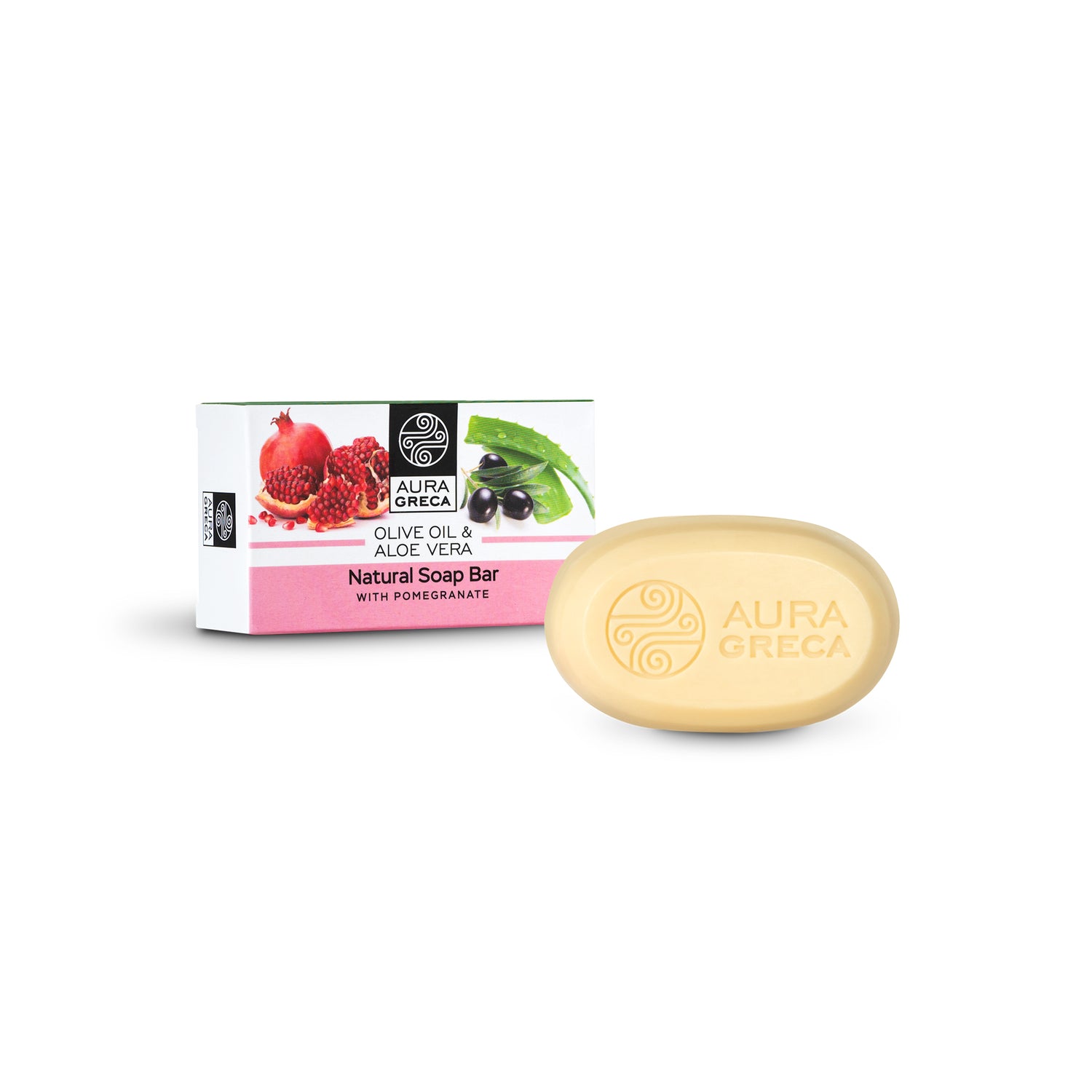 Aura Greca Natural Soap Bar with Pomegranate, crafted with olive oil and aloe vera for a fruity, antioxidant-rich cleansing experience.