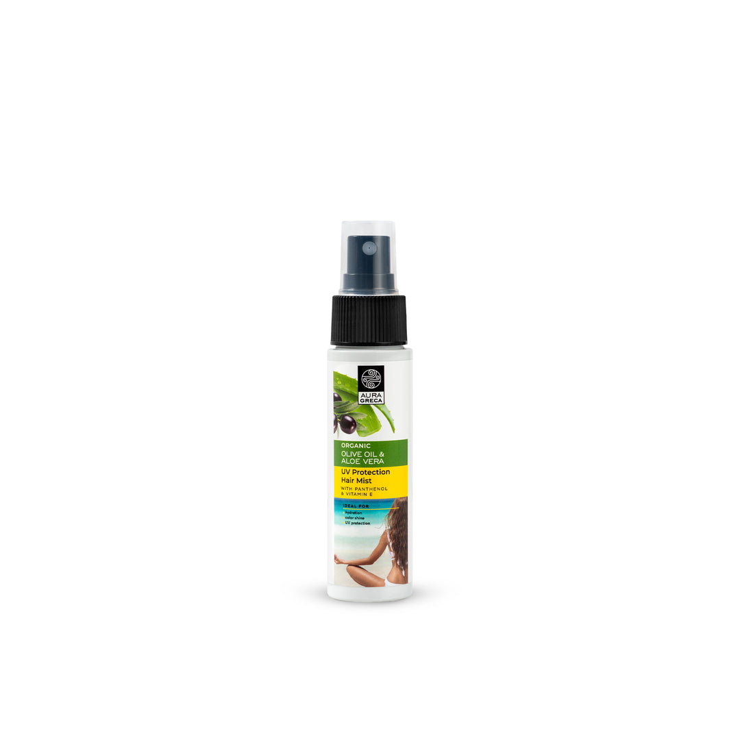 Aura Greca UV Protection Hair Mist with Olive Oil, Aloe Vera, Panthenol & Vitamin E to protect hair from sun damage and dryness.